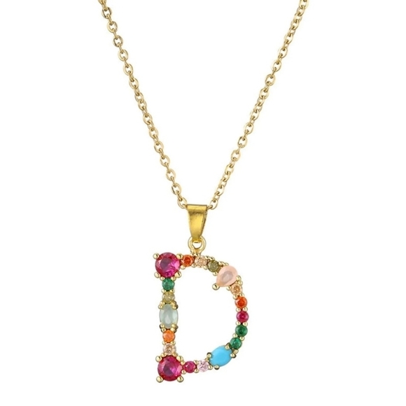 D Initial Pendant Necklace Multi-color Rhinestones Gold Tone Chain - Picture 12 of 16